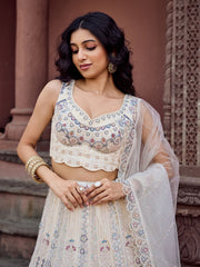 Cream Net Fabric Sequins embroidery Semi Stitched Lehenga & Unstitched Blouse With Dupatta