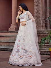 Cream Net Fabric Sequins embroidery Semi Stitched Lehenga & Unstitched Blouse With Dupatta