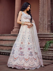 Cream Net Fabric Sequins embroidery Semi Stitched Lehenga & Unstitched Blouse With Dupatta