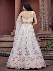 Cream Net Fabric Sequins embroidery Semi Stitched Lehenga & Unstitched Blouse With Dupatta
