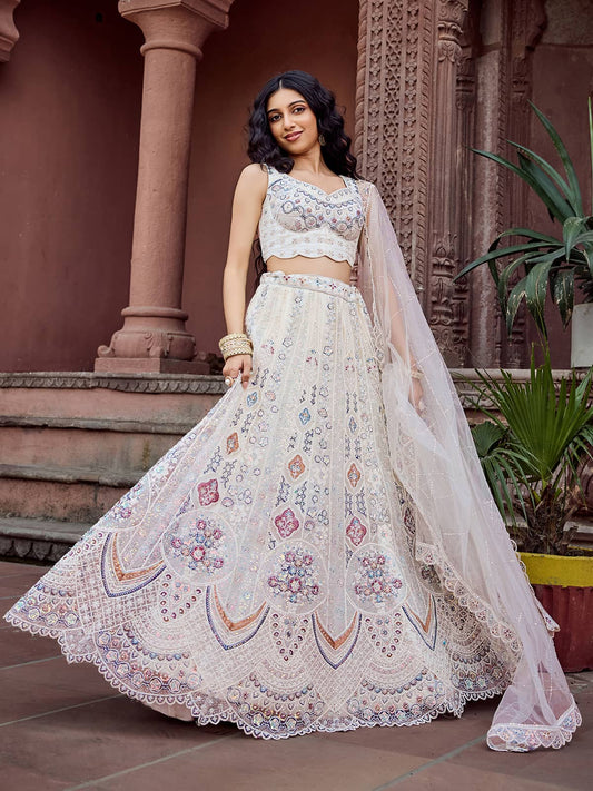 Cream Net Fabric Sequins embroidery Semi Stitched Lehenga & Unstitched Blouse With Dupatta