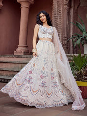 Cream Net Fabric Sequins embroidery Semi Stitched Lehenga & Unstitched Blouse With Dupatta