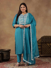 Plus Size Floral Yoke Design Thread Work Straight Kurta With Trouser & Dupatta
