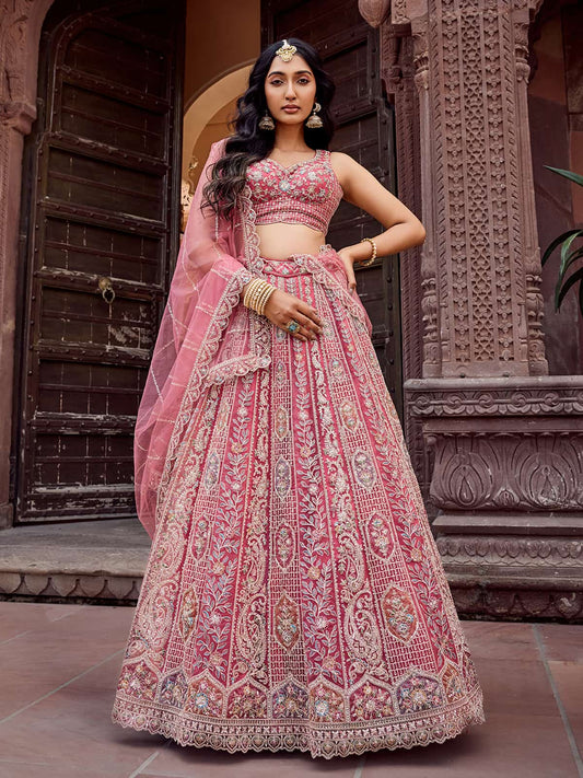 Rosegold Net Fabric Sequins embroidery Semi Stitched Lehenga & Unstitched Blouse With Dupatta