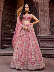 Rosegold Net Fabric Sequins embroidery Semi Stitched Lehenga & Unstitched Blouse With Dupatta