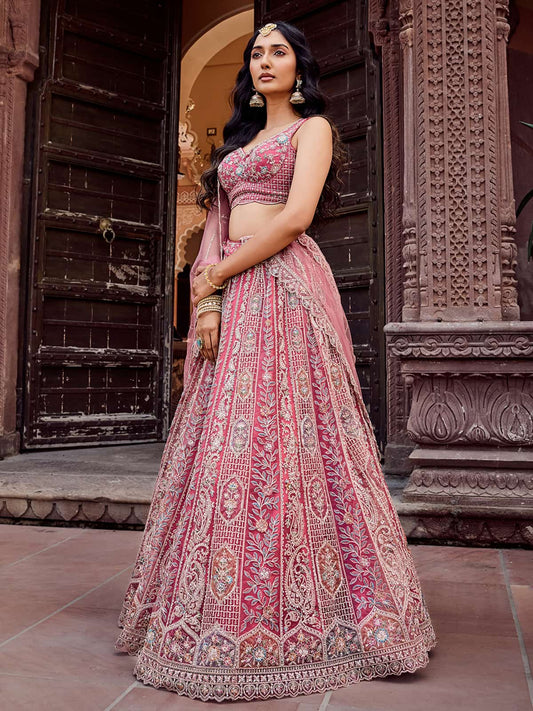 Rosegold Net Fabric Sequins embroidery Semi Stitched Lehenga & Unstitched Blouse With Dupatta