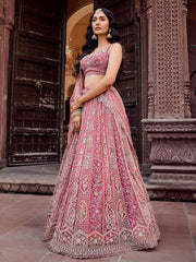 Rosegold Net Fabric Sequins embroidery Semi Stitched Lehenga & Unstitched Blouse With Dupatta