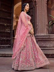 Rosegold Net Fabric Sequins embroidery Semi Stitched Lehenga & Unstitched Blouse With Dupatta
