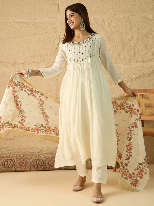 Floral Embroidered Empire Thread Work Kurta with Trousers & With Dupatta