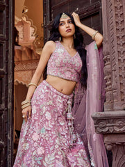 Pink Net Fabric Sequins embroidery Semi Stitched Lehenga & Unstitched Blouse With Dupatta