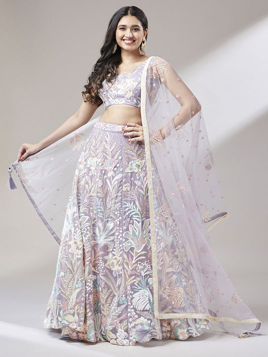 Muave Net Sequinse Work Semi-Stitched Lehenga & Unstitched Blouse with Dupatta