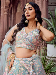 TURQUOISEBLUE Net Fabric Sequins embroidery Semi Stitched Lehenga & Unstitched Blouse With Dupatta