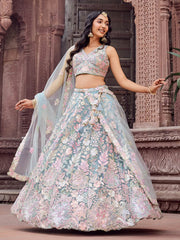 TURQUOISEBLUE Net Fabric Sequins embroidery Semi Stitched Lehenga & Unstitched Blouse With Dupatta