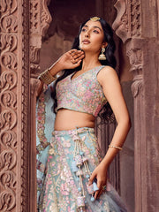TURQUOISEBLUE Net Fabric Sequins embroidery Semi Stitched Lehenga & Unstitched Blouse With Dupatta