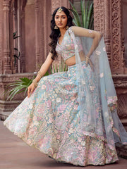 TURQUOISEBLUE Net Fabric Sequins embroidery Semi Stitched Lehenga & Unstitched Blouse With Dupatta