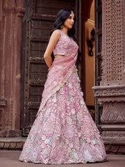 Pink Net Fabric Sequins embroidery Semi Stitched Lehenga & Unstitched Blouse With Dupatta