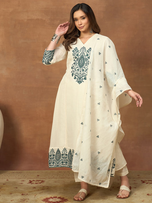 Women Ethnic Motifs Embroidered Panelled Thread Work Kurta with Trousers & With Dupatta