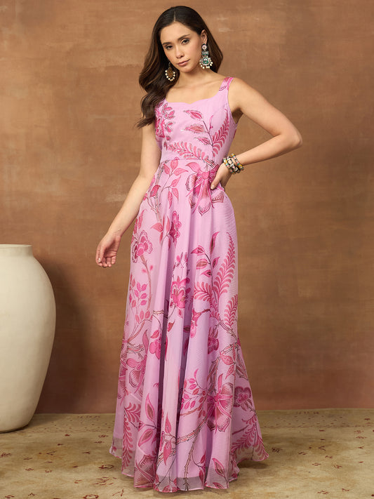 Floral Printed Beds and Stone Work Gown Maxi Dress