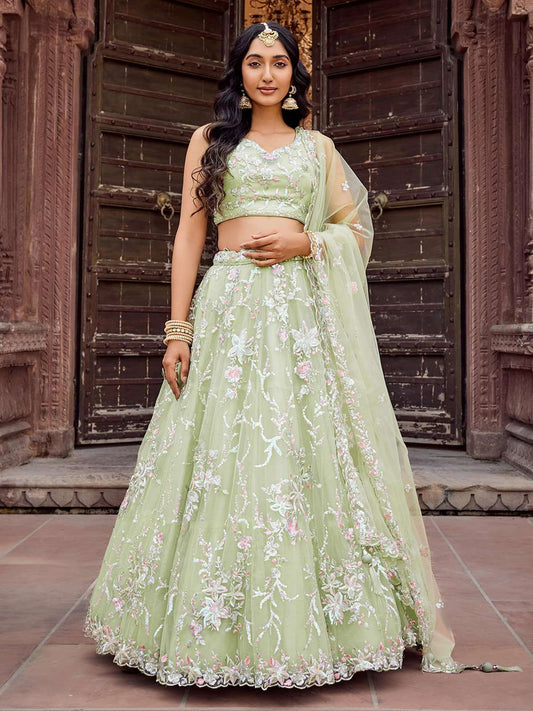 Limegreen Net Fabric Sequins embroidery Semi Stitched Lehenga & Unstitched Blouse With Dupatta