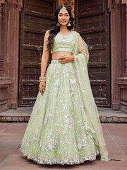 Limegreen Net Fabric Sequins embroidery Semi Stitched Lehenga & Unstitched Blouse With Dupatta