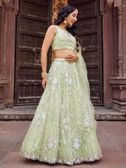 Limegreen Net Fabric Sequins embroidery Semi Stitched Lehenga & Unstitched Blouse With Dupatta