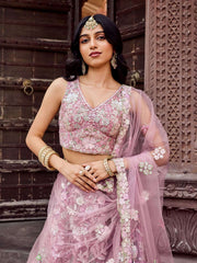 Pink Net Fabric Sequins embroidery Semi Stitched Lehenga & Unstitched Blouse With Dupatta