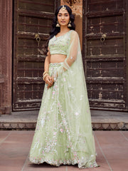 Limegreen Net Fabric Sequins embroidery Semi Stitched Lehenga & Unstitched Blouse With Dupatta