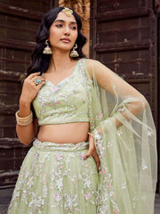 Limegreen Net Fabric Sequins embroidery Semi Stitched Lehenga & Unstitched Blouse With Dupatta