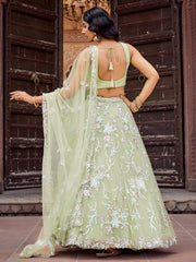 Limegreen Net Fabric Sequins embroidery Semi Stitched Lehenga & Unstitched Blouse With Dupatta