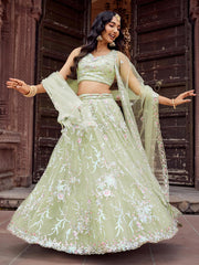 Limegreen Net Fabric Sequins embroidery Semi Stitched Lehenga & Unstitched Blouse With Dupatta