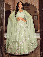 Limegreen Net Fabric Sequins embroidery Semi Stitched Lehenga & Unstitched Blouse With Dupatta