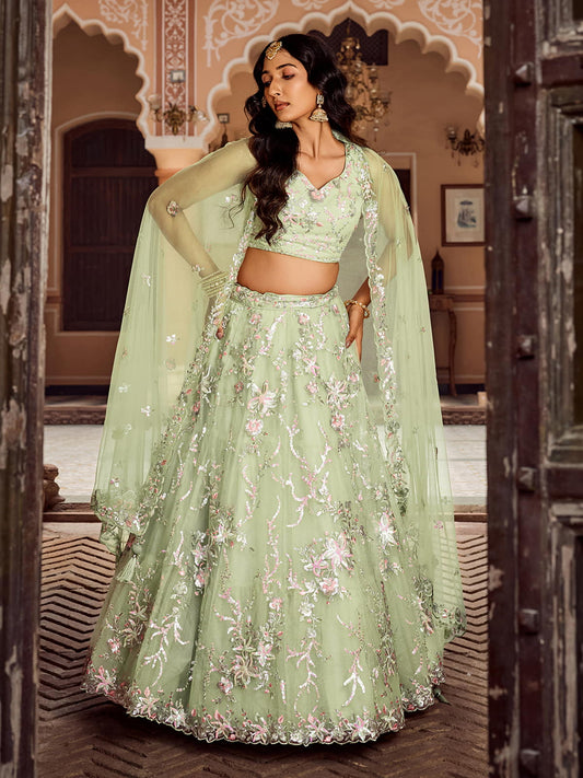 Limegreen Net Fabric Sequins embroidery Semi Stitched Lehenga & Unstitched Blouse With Dupatta