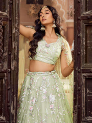 Limegreen Net Fabric Sequins embroidery Semi Stitched Lehenga & Unstitched Blouse With Dupatta