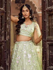 Limegreen Net Fabric Sequins embroidery Semi Stitched Lehenga & Unstitched Blouse With Dupatta
