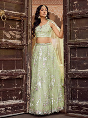 Limegreen Net Fabric Sequins embroidery Semi Stitched Lehenga & Unstitched Blouse With Dupatta