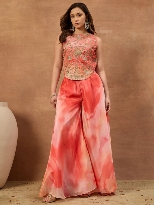 Floral Organza Embroidered Top with Palazzos
