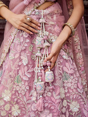 Pink Net Fabric Sequins embroidery Semi Stitched Lehenga & Unstitched Blouse With Dupatta