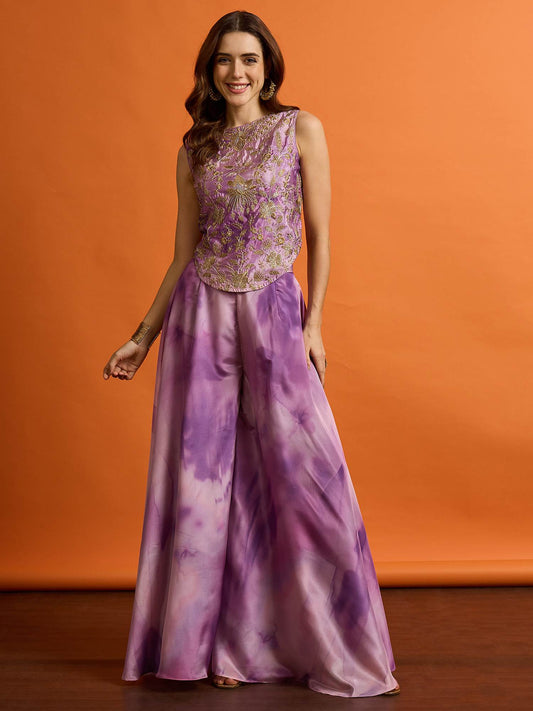 Floral Organza Embroidered Top with Palazzos