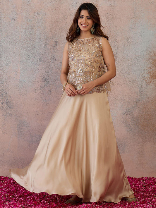 Beige Bling and Sparkly Embellished Top with Skirt