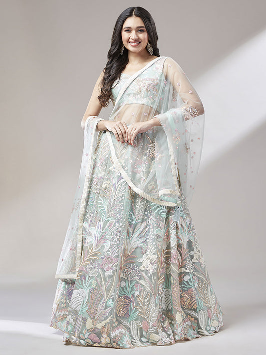 Lime Green Net Sequinse Work Semi-Stitched Lehenga & Unstitched Blouse with Dupatta