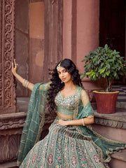 Limegreen Net Fabric Sequins embroidery Semi Stitched Lehenga & Unstitched Blouse With Dupatta