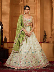 Limegreen Tissue Fabric Sequins embroidery Semi-Stitched Lehenga & Unstitched Blouse With Dupatta