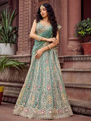 Limegreen Net Fabric Sequins embroidery Semi Stitched Lehenga & Unstitched Blouse With Dupatta