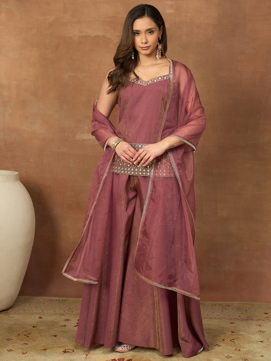 Women Ethnic Motifs Embroidered Regular Mirror Work Kurti with Sharara & With Dupatta