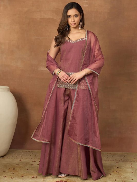 Women Ethnic Motifs Embroidered Regular Mirror Work Kurti with Sharara & With Dupatta