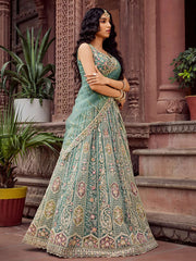 Limegreen Net Fabric Sequins embroidery Semi Stitched Lehenga & Unstitched Blouse With Dupatta