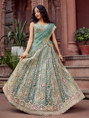 Limegreen Net Fabric Sequins embroidery Semi Stitched Lehenga & Unstitched Blouse With Dupatta