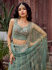 Limegreen Net Fabric Sequins embroidery Semi Stitched Lehenga & Unstitched Blouse With Dupatta