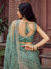 Limegreen Net Fabric Sequins embroidery Semi Stitched Lehenga & Unstitched Blouse With Dupatta
