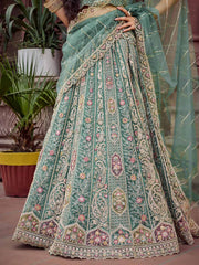 Limegreen Net Fabric Sequins embroidery Semi Stitched Lehenga & Unstitched Blouse With Dupatta